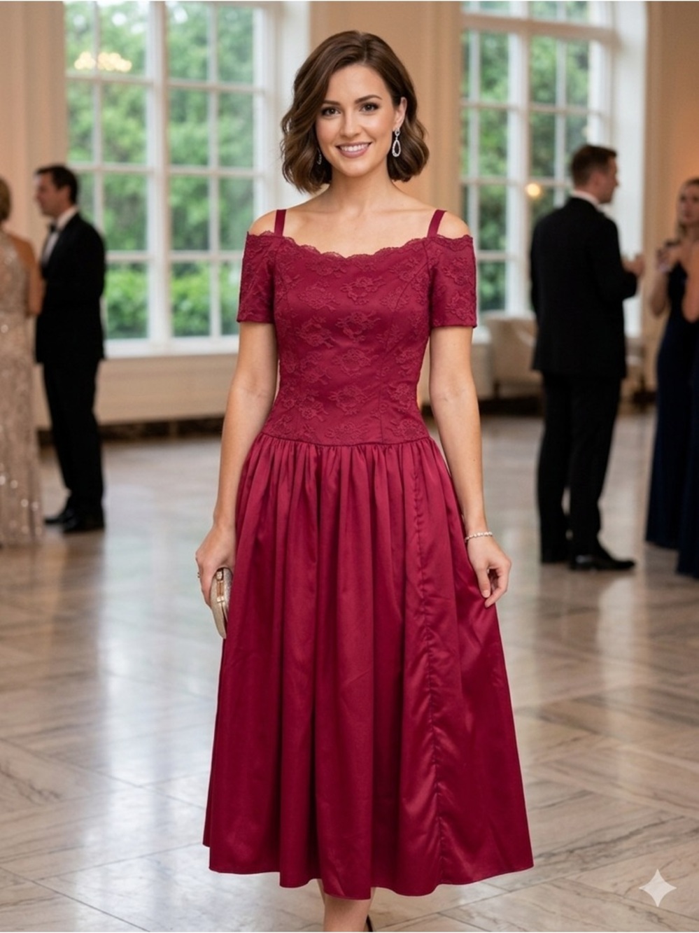 Off-Shoulder Lace Bodice Midi Dress in Wine